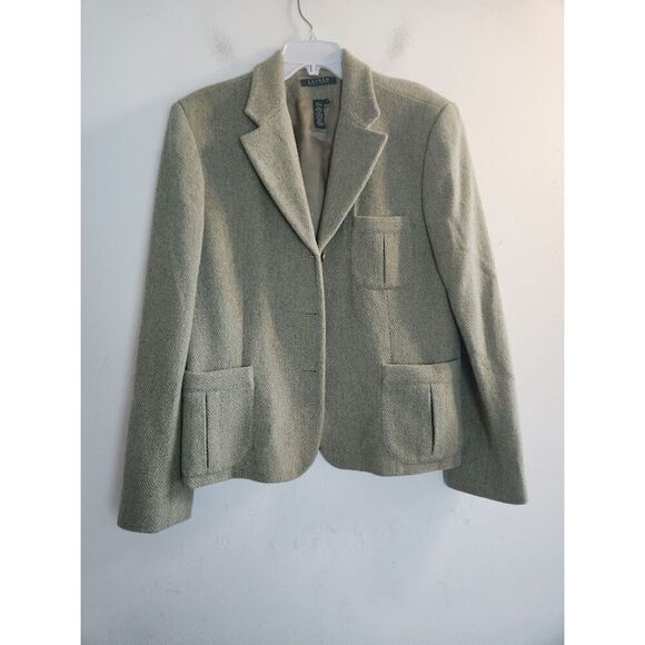 Lauren Ralph Lauren Women Green/Grey Tweed Wool Blend 3 Button Blazer size 16 - Picture 1 of 11